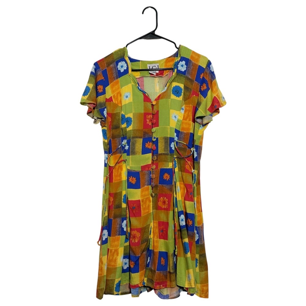 Vintage ICI 90s Boho Artsy Floral Patchwork Romper Colorful Button Front Size M